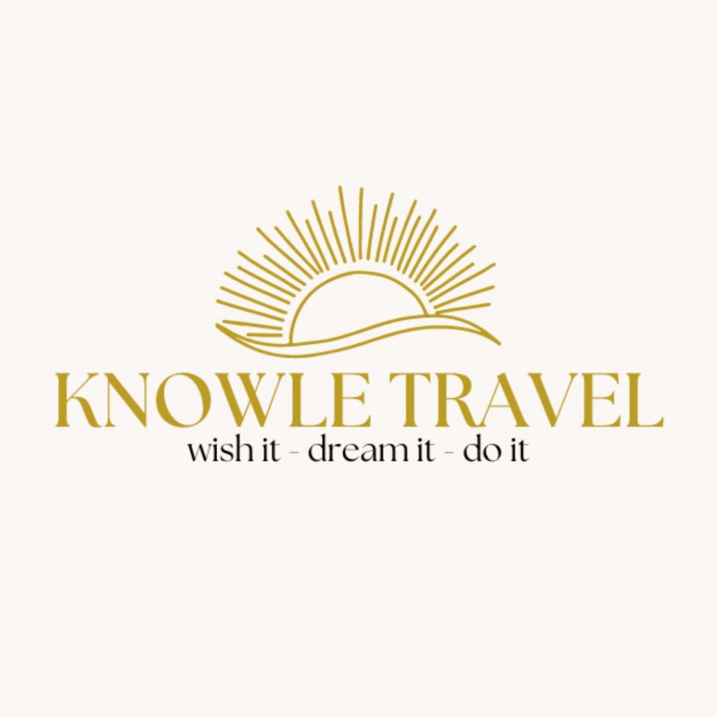 Company logo for Knowle Travel with Knowle Travel in gold capital letters with a golden sun behind and in black lettering wish it, dream it, do it