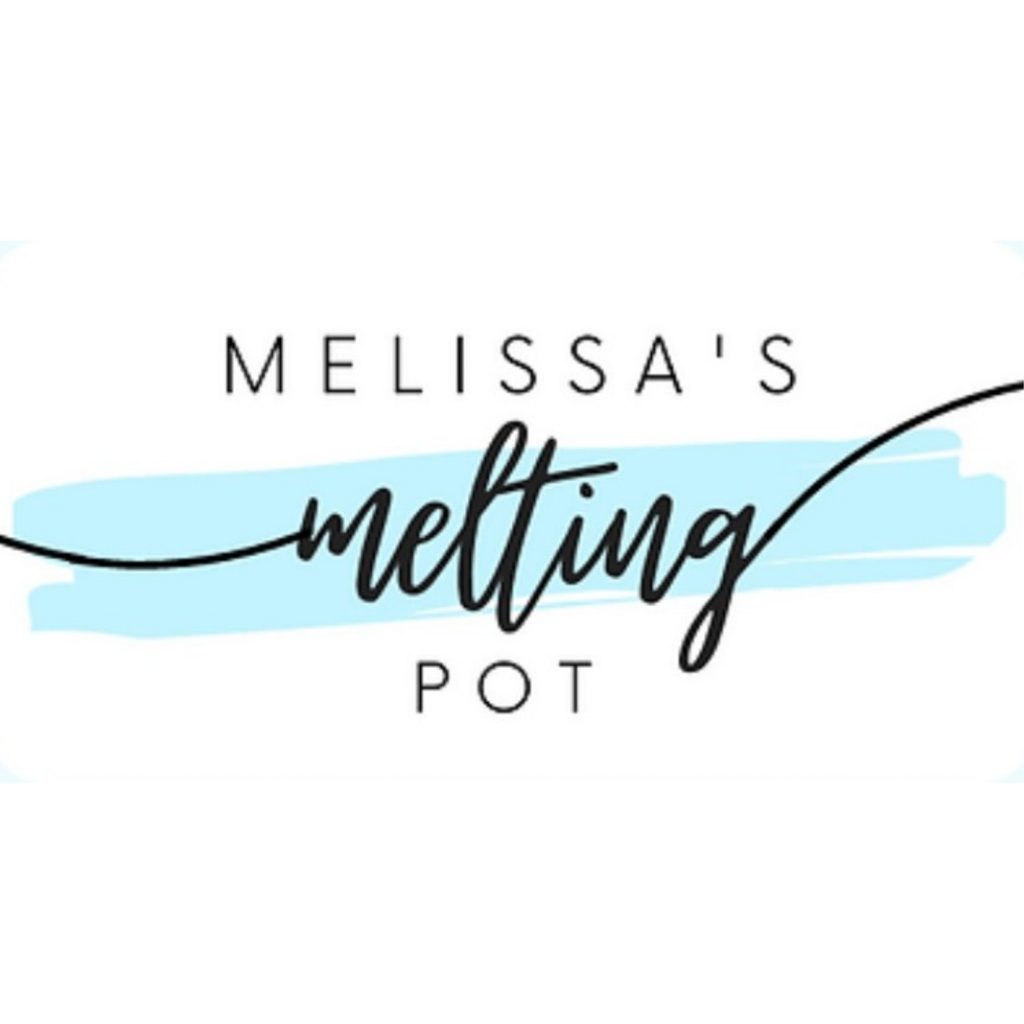The logo of Melissa's Melting Pot in with black lettering over blue graphic