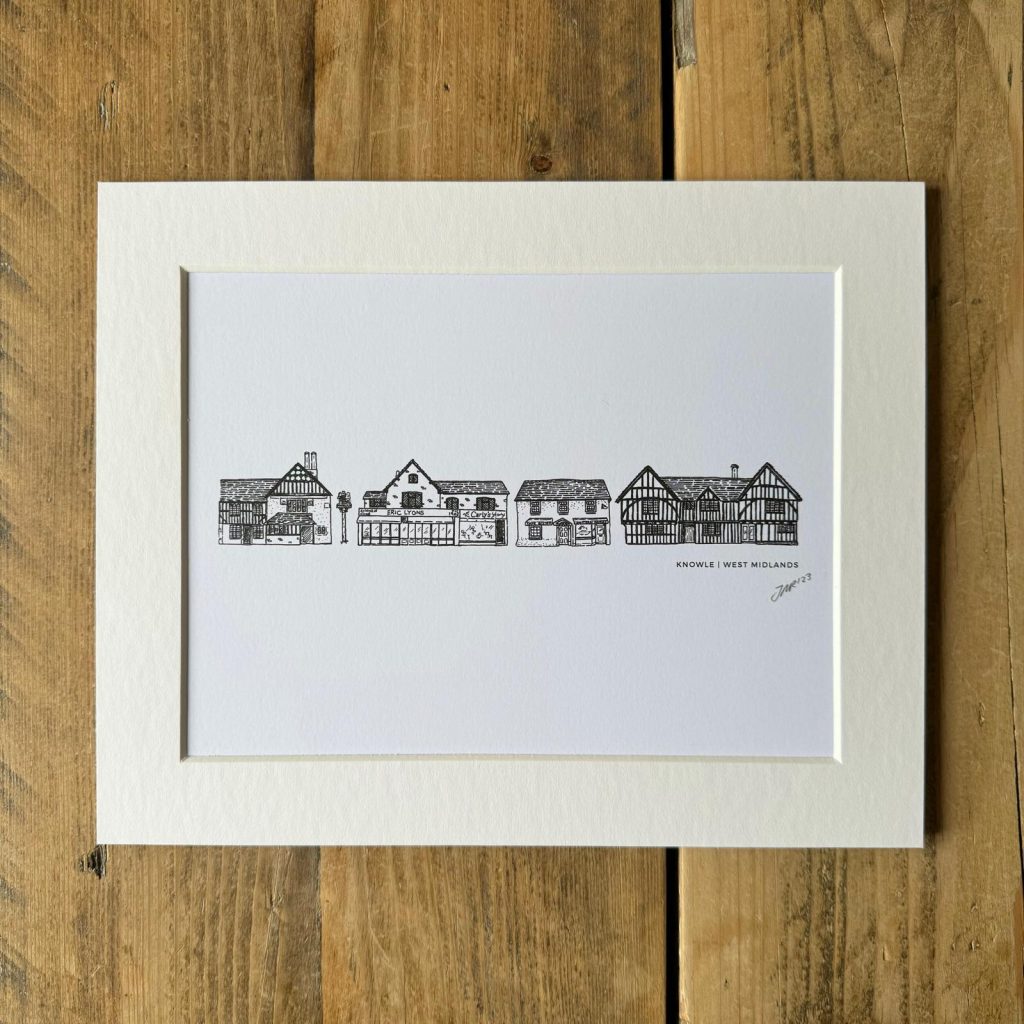 A black and white print featuring line drawings of distinctive buildings in Knowle, with white mount.