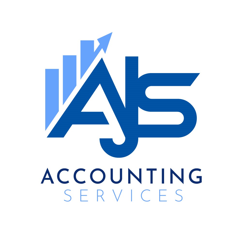 Company logo for AJS Accounting Services with a blue bar graph going up the the letter A in darker blue