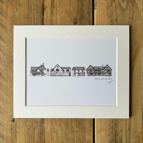 A beautiful black and white line drawing of distinctive buildings in Knowle set in a white mount