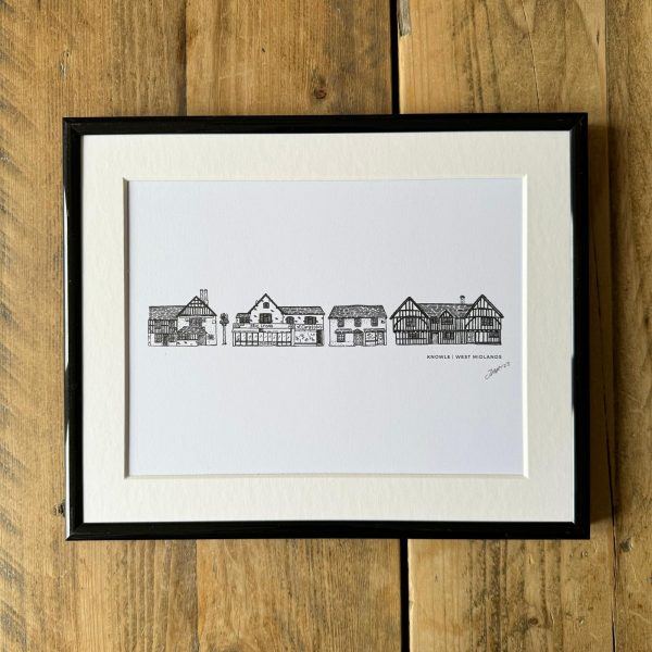 A beautiful black and white mounted print of hand drawn illustrations of distinctive buildings in Knowle