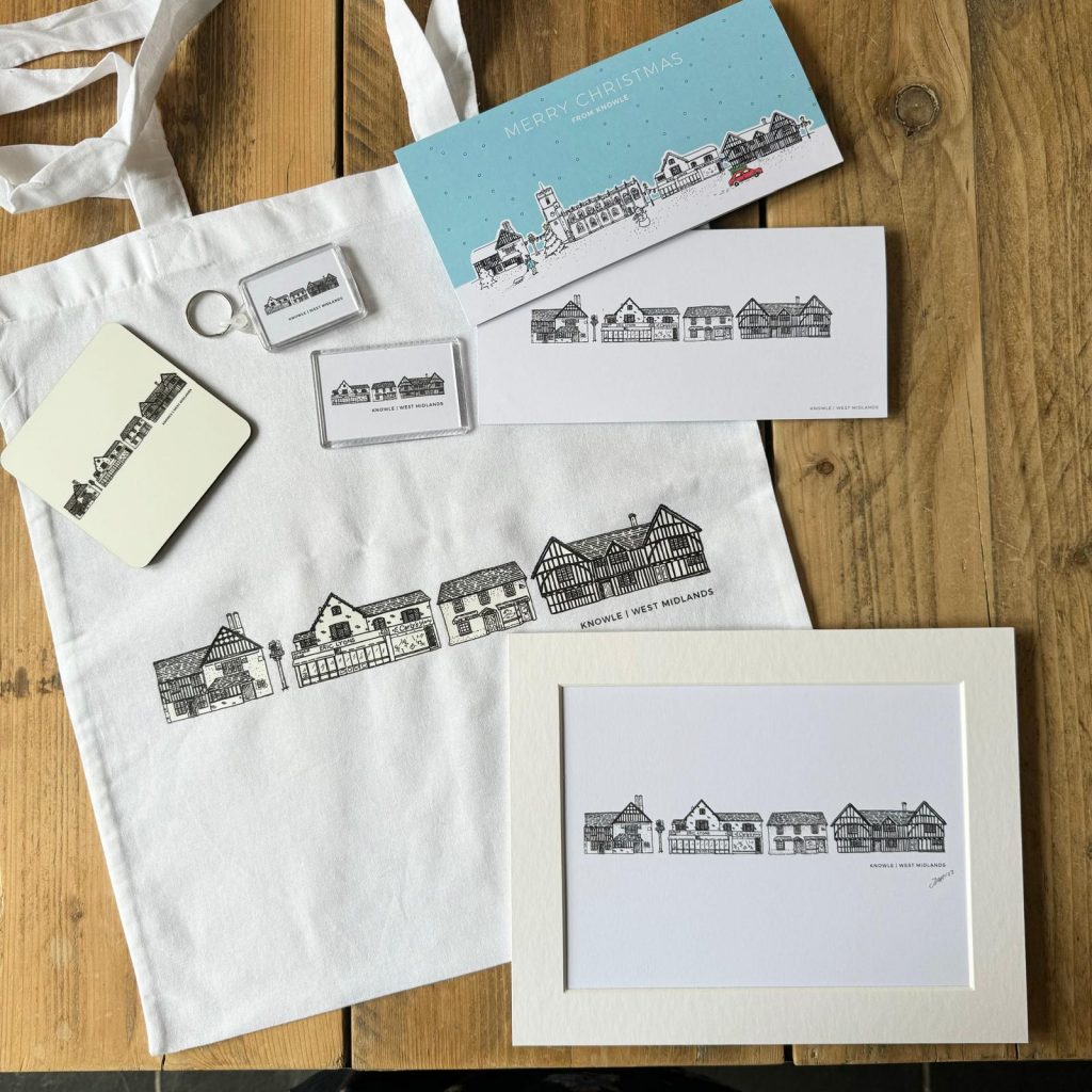 A range of merchandise celebrating Knowle's buildings by beautiful line drawings. Products include prints, tote bags and coasters