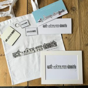 A range of merchandise celebrating Knowle's buildings by beautiful line drawings. Products include prints, tote bags and coasters