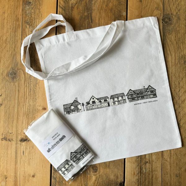 An image showing a Knowle Tote Bag unfolded, plus a folded bag within its packaging