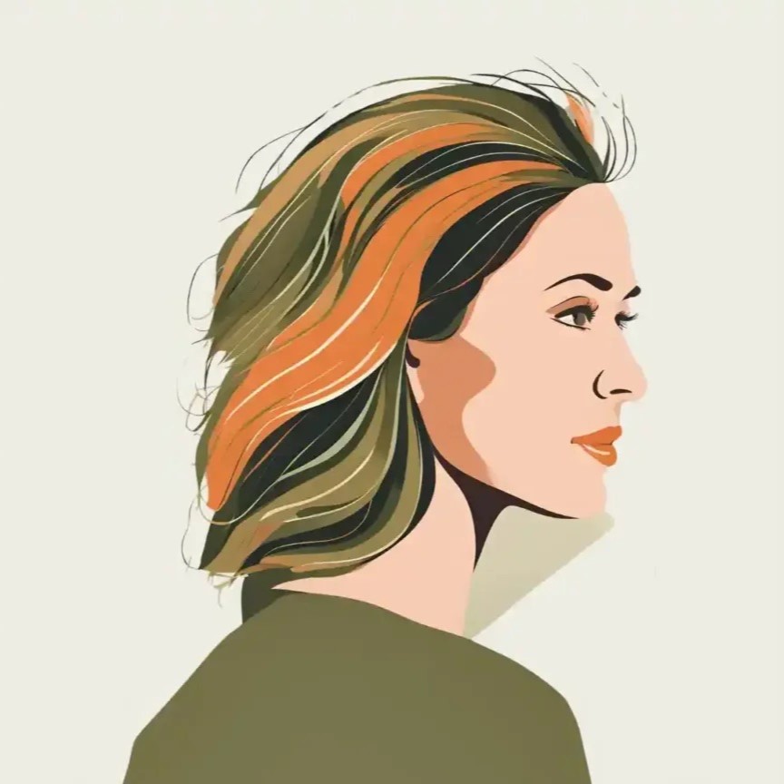 A drawing of a woman with shoulder length hair of different colours looking to the right.