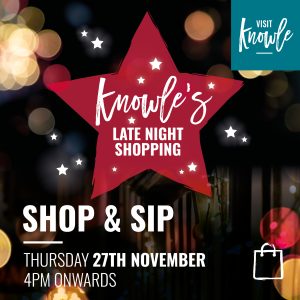 A Christmassy image with a ref star int he centre with the copy Knowle's Late Night Shopping