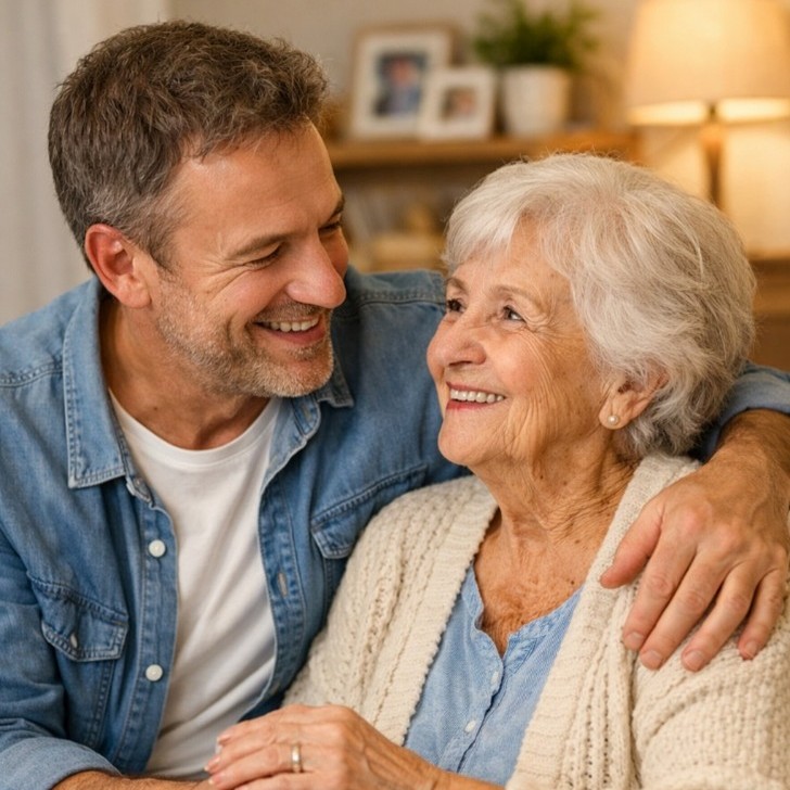 An elderly lady sits smiling in a chair while a younger man has his arm around her shoulders, also smiling