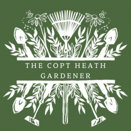 A company Logo with the Copt Heath Gardener written in a white traditional with lots of drawn plants and a traditional take above and below the company name