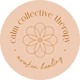 A logo for Calm Collective Therapy with a graphic flower in the cenre of a peach coloured circle encircled by the company name and the words awaken healing